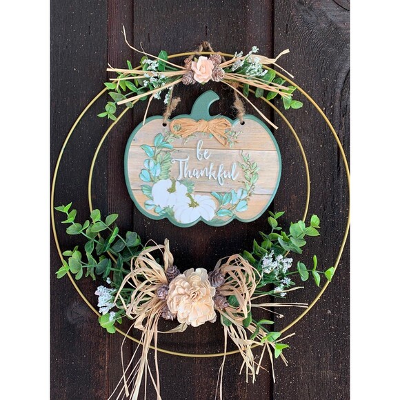 Be Thankful Fall Wreath 14in Eucalyptus Pumpkin Gold Wire Minimalist Decor - Picture 1 of 6